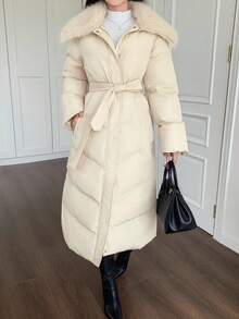 DAZY 女士休闲毛领拼接长袖冬季外套 - 米色 - 查看 3