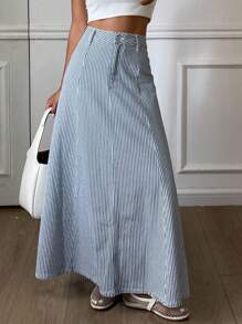 DAZY Women's Casual Commuting Striped Long Denim Skirt Jeans Skirt - Light Grey - View 4