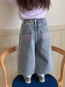 Hapijoa 女宝宝水洗蝴蝶刺绣韩版宽松直筒牛仔裤，幼儿秋装 - 藍色 - 查看 2