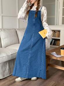 SHEIN 青少年女孩休闲优雅纯色纽扣前牛仔长裙（不含 T 恤），优雅款式，宽松中长款翻领衬衫裙，适合日常旅行、户外、居家、早午餐、茶会、通勤、机场穿着、教师衬衫裙、女孩秋季服装、儿童返校服装、返校节朴素连衣裙