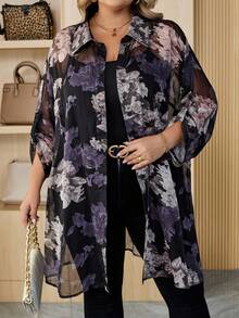 SHEIN CURVE+ 曲线加大码/秋季女装/冬季女装/冬季加大码女式浪漫休闲日常衬衫，飘逸长袖衬衫，商务休闲装，办公室装，教师装，飘逸上衣加大码透明 8xl 女式加大码花卉和服曲线和服/秋季/冬季 - 彩色 - 查看 4