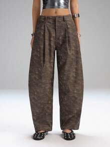 LYSMO 女式褶皱扎染喇叭裤弹力宽松裤 - 棕色 - 查看 1