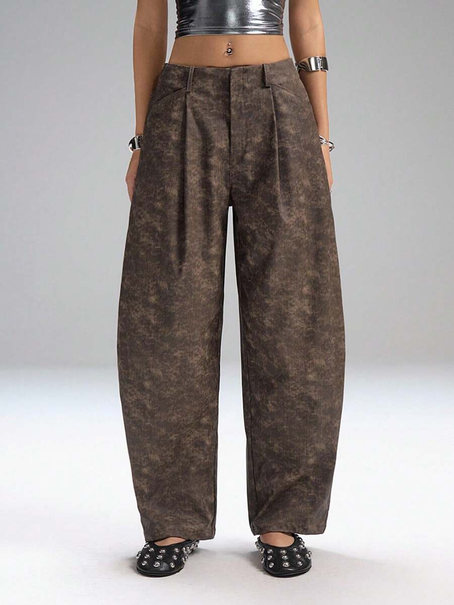 LYSMO 女式褶皱扎染喇叭裤弹力宽松裤 - 棕色 - 查看 1