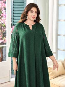 Lacomfia Vestido plus size feminino solto casual confortável elegante estilo árabe, gola redonda, cor contrastante, renda vazada, patchwork, design texturizado - Verde - Ver 4