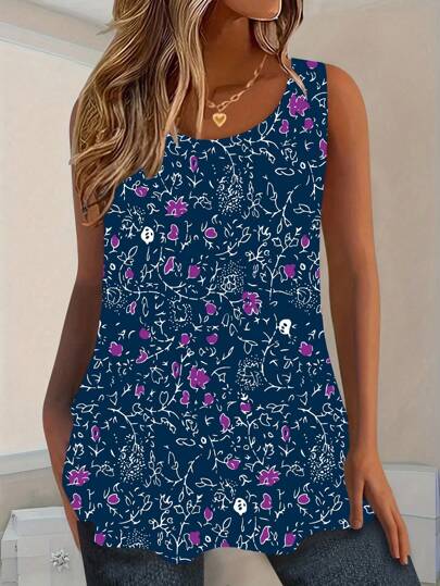 EMERY ROSE Women's Plus Size Summer Allover Floral Printed Tank Top Graphic Tees Women Tops
