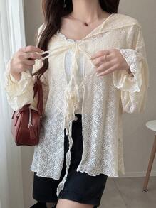 FRIFUL 女式蕾丝连帽宽松上衣，秋季 - 米色 - 查看 4