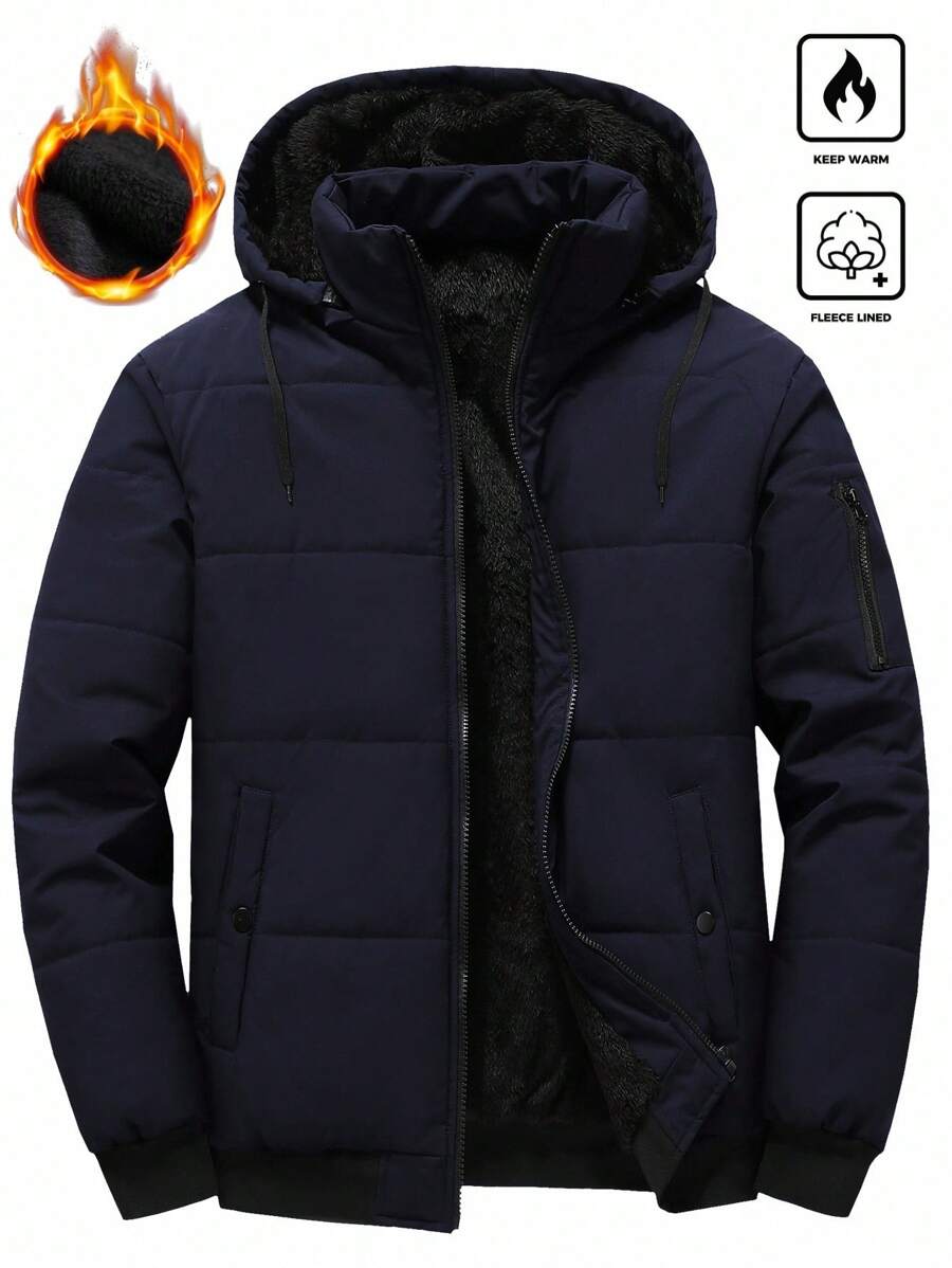 Manfinity Homme Men Long Sleeve Warm Navy Blue Outdoor Puffer Coat For Winter With Hooded Design , Warm, Men Outerwear , Fall - Navy Blue - View 1