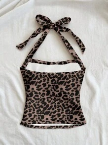 Soleia 2pcs Leopard Print Ruched Halter Top Leopard Print Top Animal Print Top Leopard Print Tie Top Animal Print Tie Top Suitable For Going Out - Multicolor - View 2