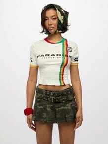 SUMWON WOMEN 天堂岛婴儿 T 恤夏季褶饰腰部拉斯塔条纹短款上衣赛车号码军装风格头巾节日度假海滩