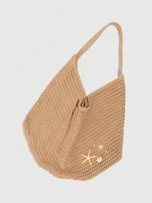 ROMWE Fairycore 1 pieza Bolso de playa tipo tote de mujer de gran capacidad, tejido hueco de color caqui, con decoración de conchas y estrellas de mar de estilo vacacional tropical y oceánico - Multicolor - Ver 5