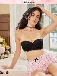 Women's Strapless, Underwire, Boned, Cup Lining, Uplift, Half-Cup, Non-Slip, Lace Patchwork, Romantic, Open-Back, Off-Shoulder Bra - Black - View 7