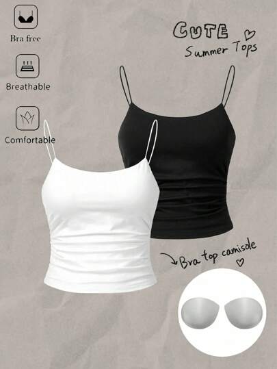 SHEIN Essnce 2pcs/Set Women Bodycon Ruched Cami Top Set With Padded Bust, Suitable For Summer, Built-In Bra