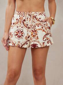 L'Amorae Women's Summer Boho Abstract Printed Linen Shorts With Elastic Waist Vacation - Multicolor - View 4