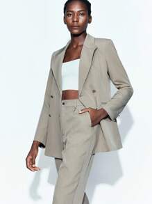 Maija 女士纯色泼墨印花翻领长袖双排扣夹克和裤子两件套休闲西装套装女式西装女式裤装西装外套套装女式西装两件套女式两件套商务休闲女装，秋季女装 - 卡其色 - 查看 2