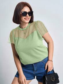 Chikora 大码音乐节女式宽松圆领网眼撞色荷叶边短袖上衣，适合夏季、办公室穿着 - 薄荷綠 - 查看 6