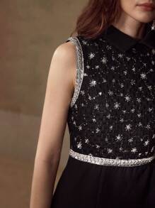 MOTF PREMIUM 撞色亮片饰带细节领口无袖短连衣裙 - 黑色 - 查看 2