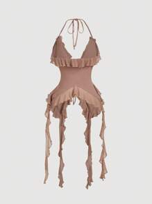 SHEIN MOD Áo cổ yếm ren viền bèo nhún màu hồng bụi lãng mạn và hoa 3D cho nữ mùa hè gợi cảm cho buổi hòa nhạc - Bụi hồng - Xem 2