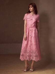 MOTF PREMIUM GUIPURE LACE BELTED DRESS - Pink - View 4
