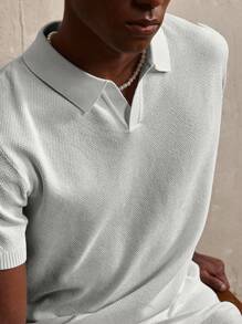 Manfinity Homme Men's Simple Solid Color Polo Collar Short Sleeve Knit Top And Shorts Set, Summer - Light Grey - View 7