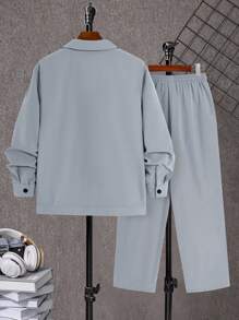 SHEIN 青少年男孩简约灰色超大衬衫和裤子套装，休闲校服，舒适时尚百搭柔软面料，适合日常穿着、上学、户外活动