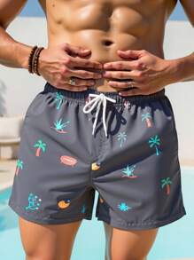 Manfinity Swimmode Shorts casuales de hombre con cintura con cordón y estampado para la playa