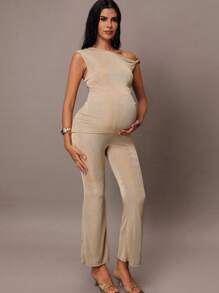 MaterniChic 孕妇纯色不对称领口无袖上衣和长裤两件套优雅套装 - 綠色 - 查看 6