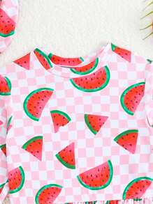 女童西瓜印花两件式泳衣，含泳帽，适合游泳和度假 - 彩色 - 查看 2