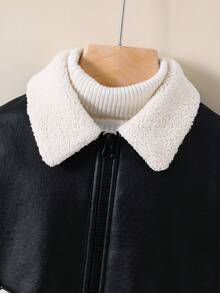 SHEIN Young Girl Woven PU Leather Long Sleeve Zip-Up Casual Jacket, Colorblock Thermal Lined Long Sleeve Jacket, Versatile For Autumn/Winter, Warm Winter Outerwear For Outdoor, Party, Snow Play,Suitable For Commuting And Outdoor Wear,Class Black & White.Mommy & Me. Fall - Black - View 6