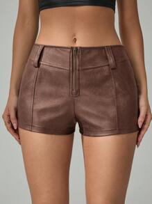 SHEIN Tall Women's Solid Color Zipper Placket Fashion Versatile Shorts - Mocha Brown - View 3