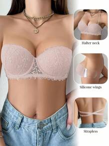 1pc Lace Back-Exposed Sports Lingerie Bra For Small Bust Women, Underwire, Gather, Non-Slip, Invisible Straps - Pink - View 7