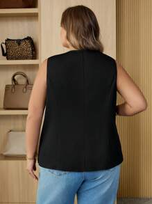 SHEIN CURVE+ Curve 大码/秋装/秋季女装/女士冬装/冬装大码女士休闲简约别致金属扣背心，杏金色纽扣，适合通勤、工作、上学季节、新年 - 黑色 - 查看 2