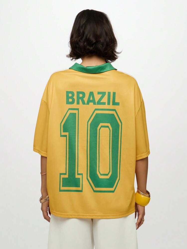 SUMWON WOMEN Camiseta de la selección nacional de Brasil, camiseta deportiva de aficionado al fútbol, polo casual con cuello estampado de flores de hibisco para el campeonato mundial de Brasil