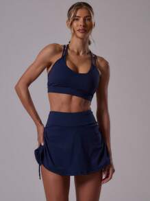 Musera Sport Sport Layered Double Strap Plunge Fitted Seamless Sculpt Sports Bra Active Gym Workout Summer Padel Club Gym Fitness - Royal Blue - View 2