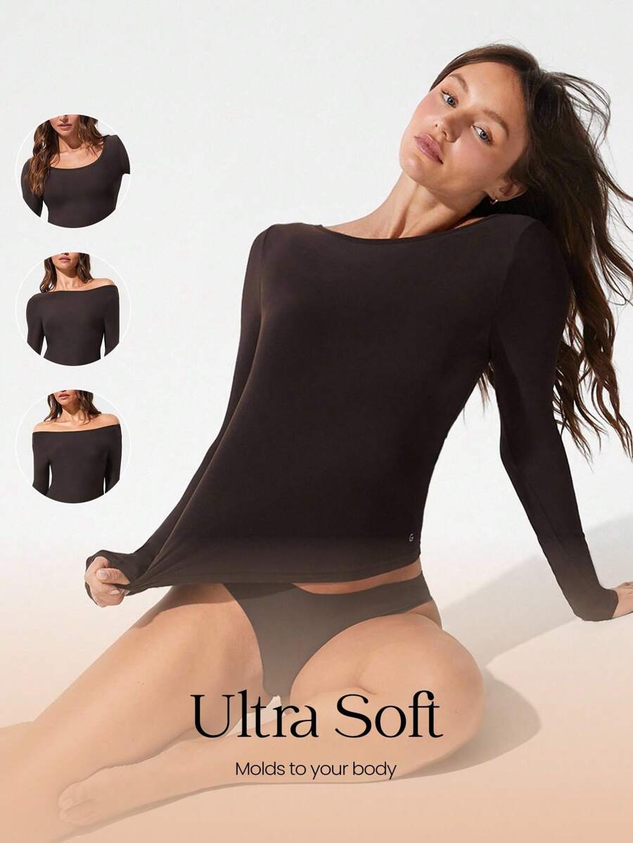 GLOWMODE Áo thun cổ tròn tay dài hai lớp mềm mại co giãn nhẹ ôm vừa vặn Flow & Glow Lớp lót mặc thường ngày - Màu nâu Sô-cô-la - Xem 1