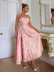 Glamine Charm 优雅复古3D花卉压花无袖喇叭下摆女式连衣裙 - 粉色 - 查看 4