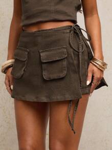 SHEIN BAE Quần short denim buộc dây cổ điển giản dị dành cho nữ - màu nâu - Xem 1