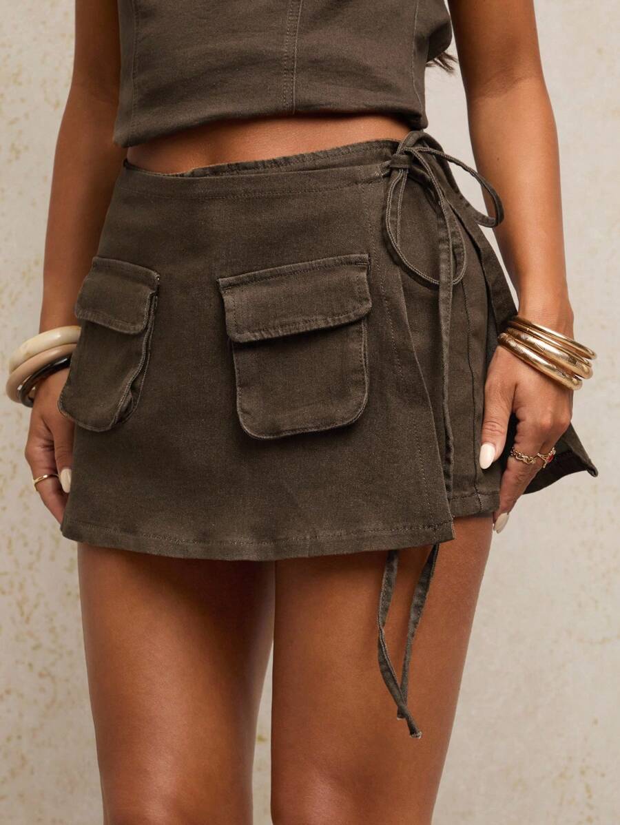 SHEIN BAE Quần short denim buộc dây cổ điển giản dị dành cho nữ - màu nâu - Xem 1