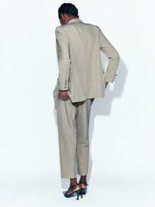 Maija 女士纯色泼墨印花翻领长袖双排扣夹克和裤子两件套休闲西装套装女式西装女式裤装西装外套套装女式西装两件套女式两件套商务休闲女装，秋季女装 - 卡其色 - 查看 3