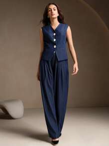 Anewsta 优雅法式女装两件套：无袖背心和阔腿裤 - 藍色 - 查看 2