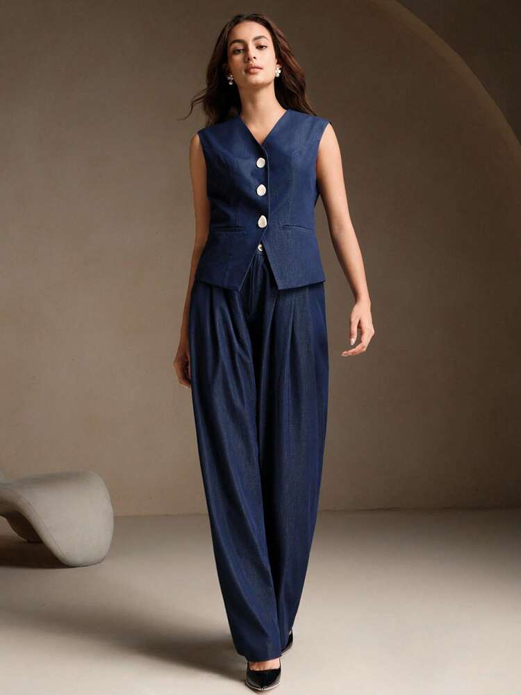 Conjunto de 2 piezas estilo francés elegante para mujer: chaleco sin mangas y pantalones de pierna ancha