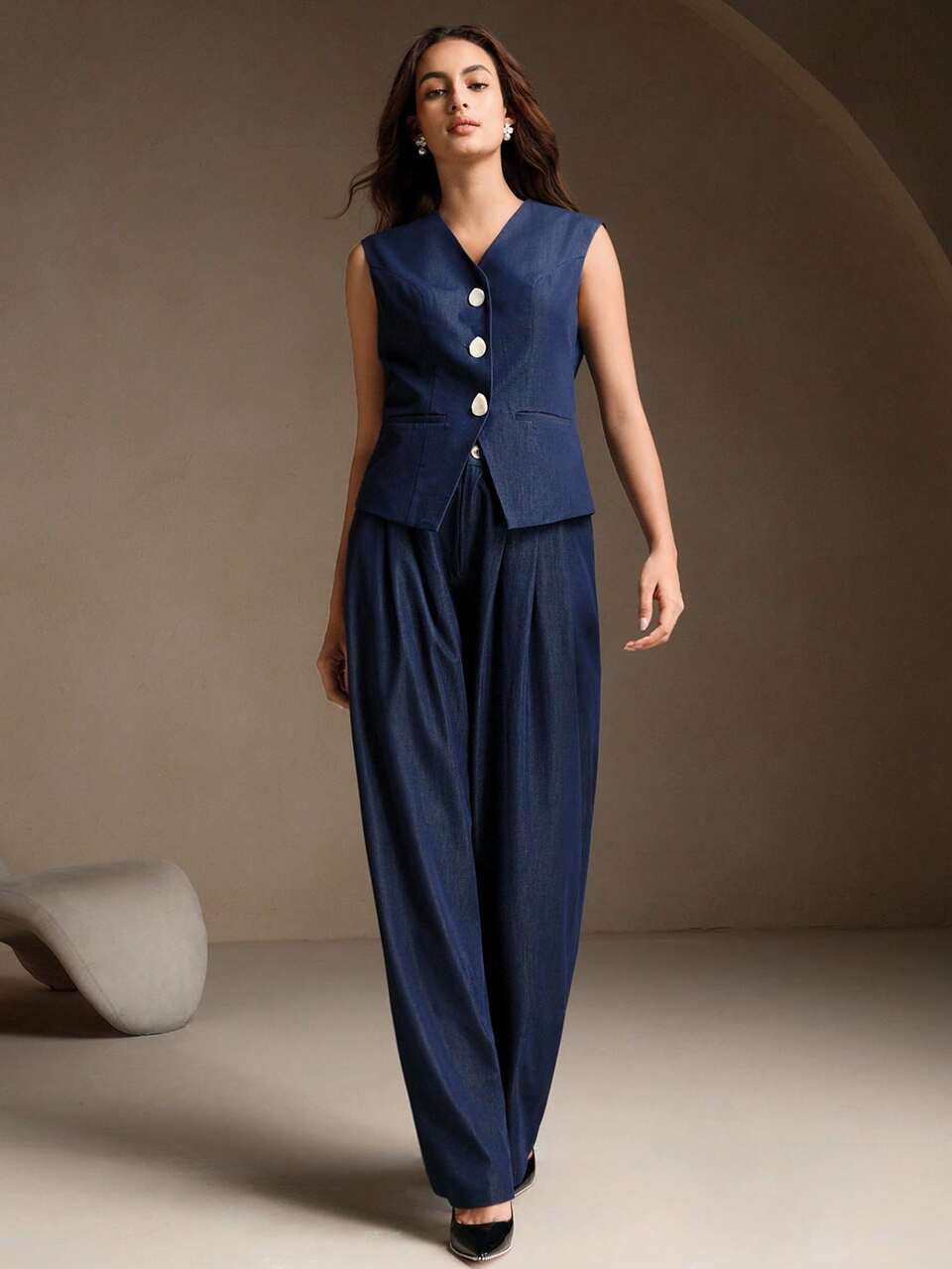 Elegant French Style Women 2pcs Set: Sleeveless Vest & Wide Leg Pants