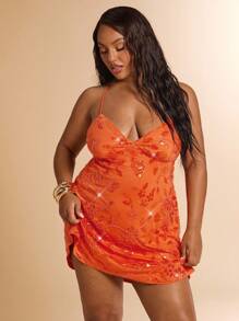 SHEIN BAE Đầm suông hở lưng màu xanh lá cây trơn gợi cảm đính kim sa lấp lánh dây mảnh thanh lịch nhỏ nhắn, thích hợp cho bãi biển, kỳ nghỉ, váy suông hở lưng, mùa hè - trái cam - Xem 6