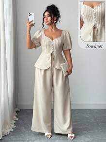 Elenzga Plus Size Fashionable Casual French Retro Elegant Commute Bowknot Puff Sleeve Blouse And Pants 2 Piece Set