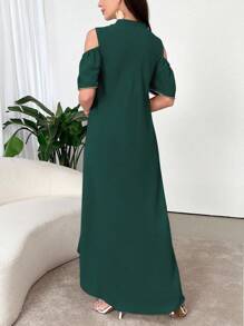 Al Najma 女装夏季度假风拼接印花露肩宽松连衣裙 - 墨綠色 - 查看 2