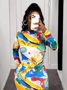 BamGleam 时尚涂鸦印花修身长裙 - 彩色 - 查看 6