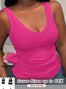 SHEIN CURVE+ Áo ba lỗ dệt kim không tay cổ chữ V khoét sâu đa năng cho nữ cỡ lớn, màu trắng - Màu Hồng Tươi - Xem 1