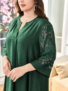 Lacomfia Vestido plus size feminino solto casual confortável elegante estilo árabe, gola redonda, cor contrastante, renda vazada, patchwork, design texturizado - Verde - Ver 3