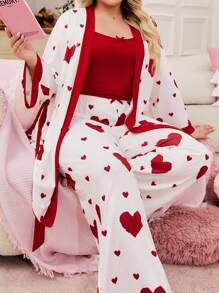 SHEIN 甜心印花睡衣套装，舒适时尚撞色睡袍套装，时尚风格，加大码，秋季服装，舒适装扮