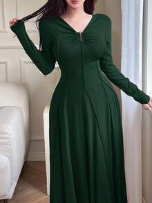 Feyla Đầm xòe xếp ly cổ chữ V tay dài thanh lịch cho nữ - Màu xanh lá cây đậm - Xem 2