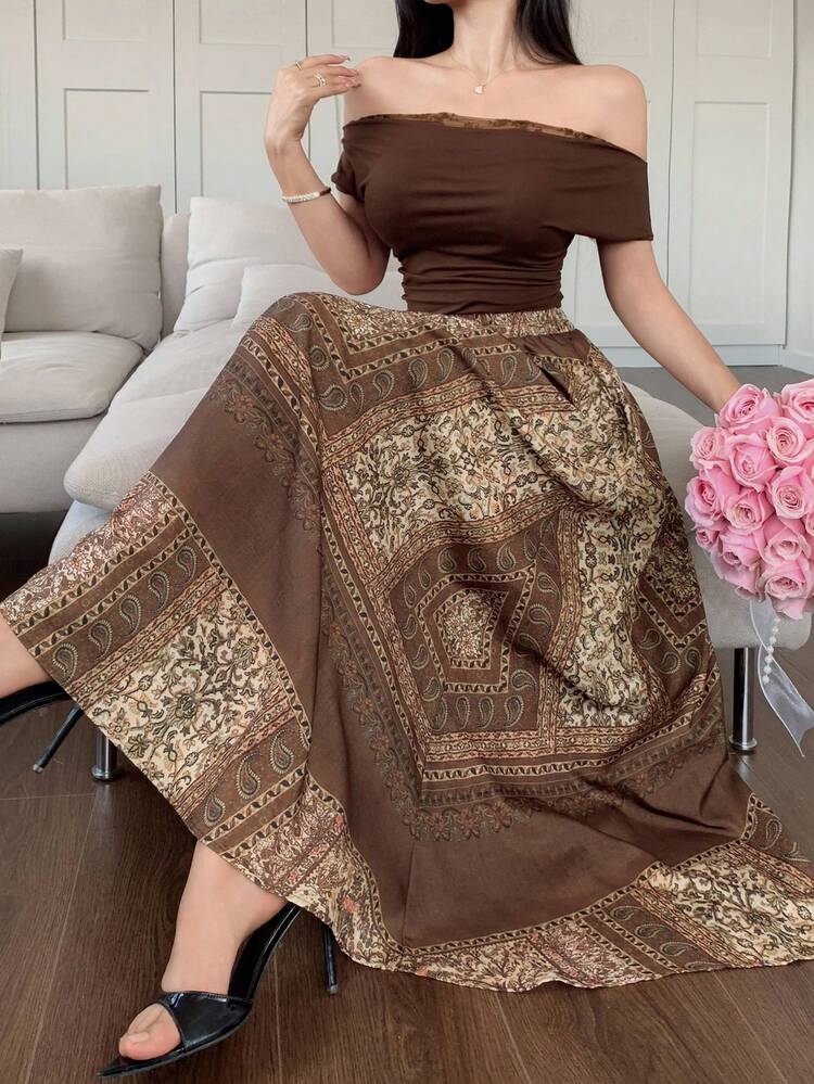 Women 2 Pieces Set: Loose Neckline Top And Skirt, Casual Off Shoulder Top